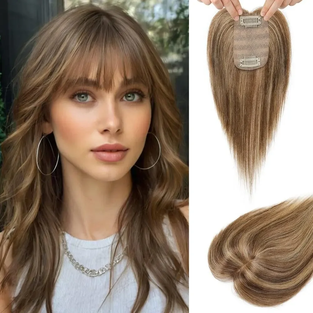 FlufyMooz Human Hair Topper Clip In Bangs Fringe Brown Blonde Highlights 10